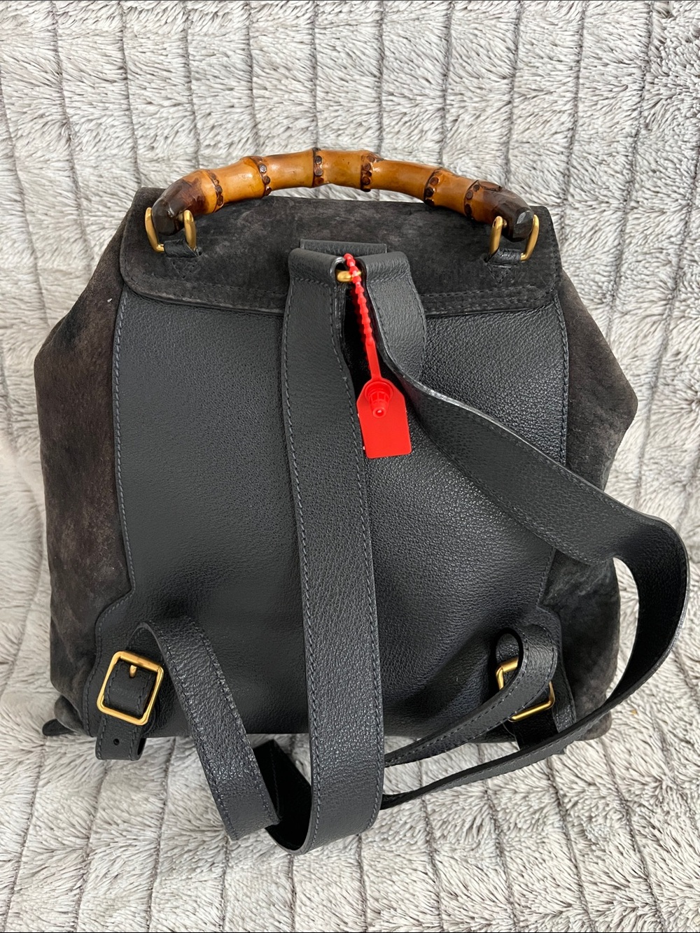 Gucci Charcoal Color Tom Ford Era Bamboo-Handle Leather and Suede Backpack - Picture 2 of 2